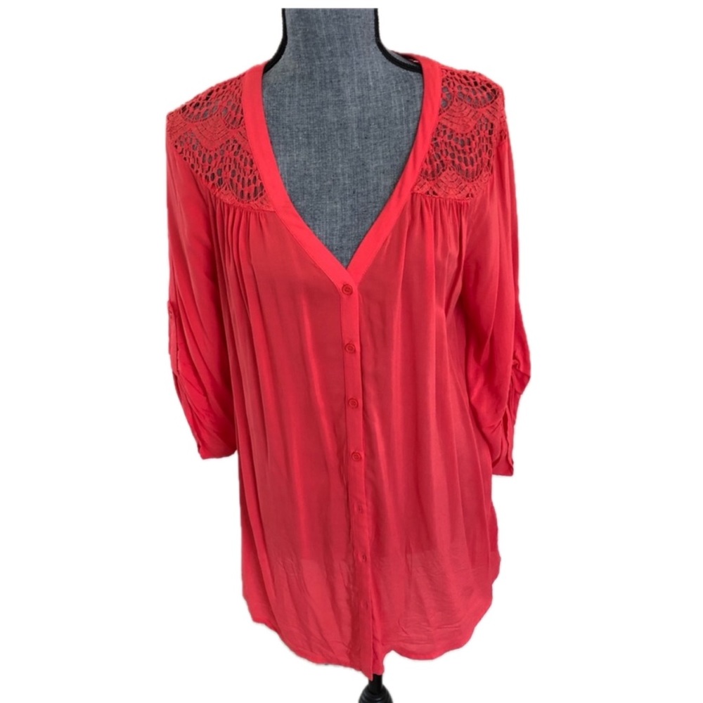 Pleione Coral Blouse with Lace Shoulders